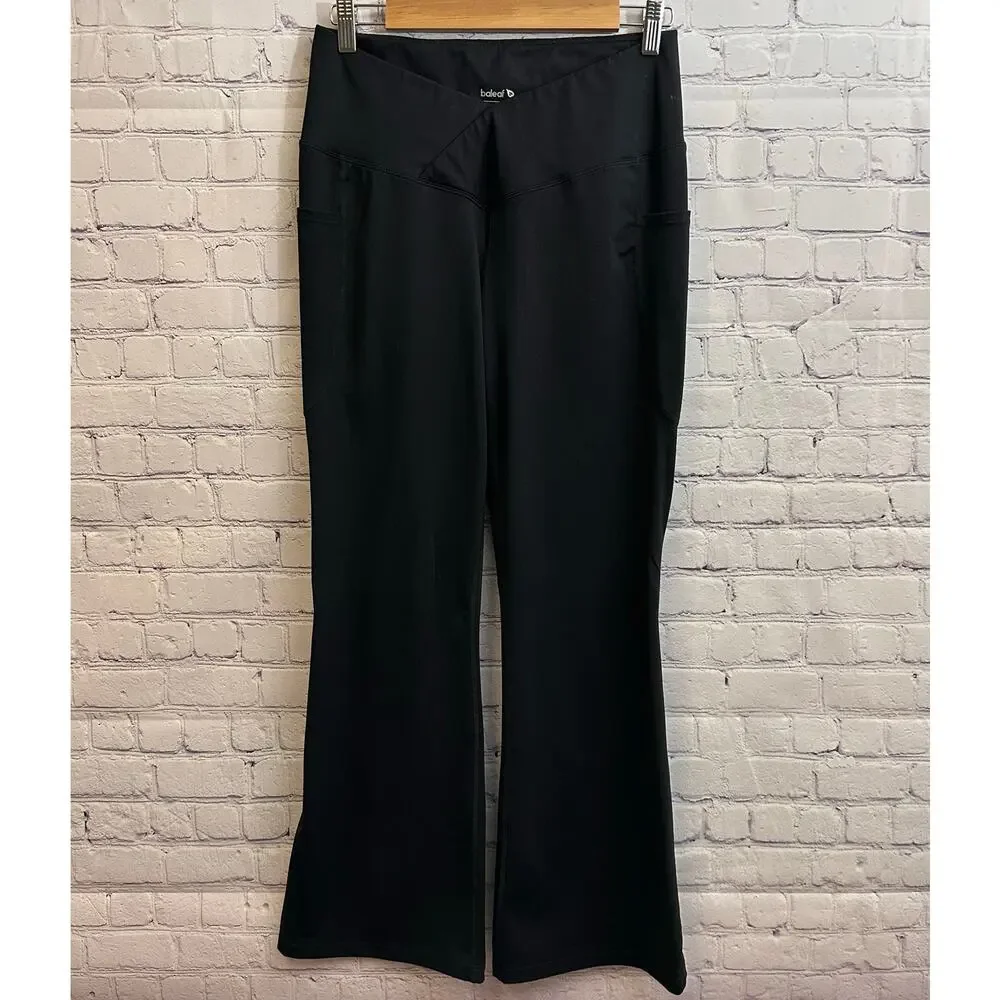 Baleaf Black Flared Yoga Pants Crossover Waist Band Women's Large Pockets